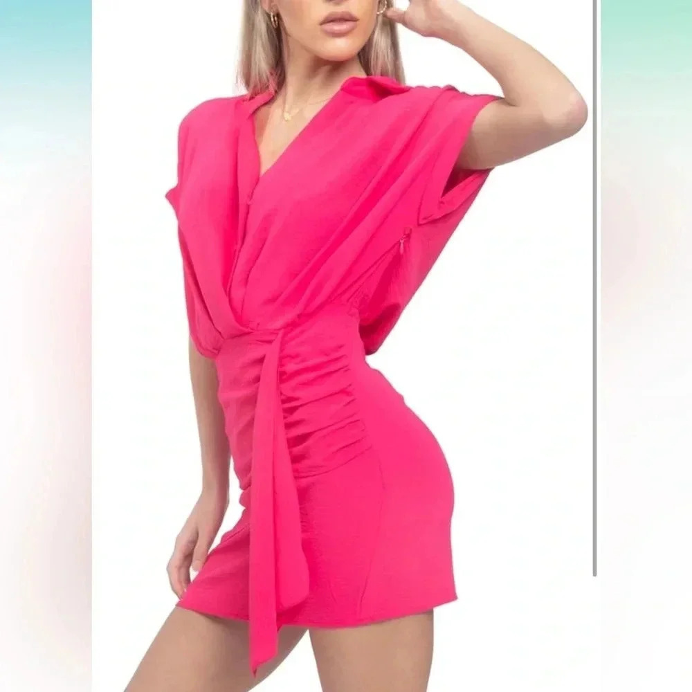 Elssime Women's Ruched Wrap Batwing Sleeve Dress Red Size S Casual